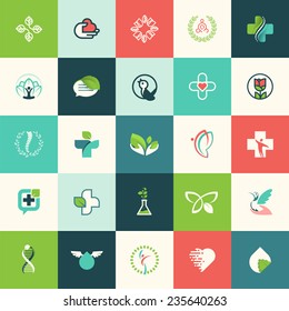 Set of flat design nature and beauty icons for websites, print and promotional materials, web and mobile services and apps icons, for medicine, healthcare, cosmetics, wellness, natural products       