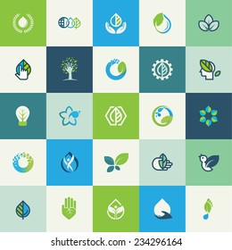 Set of flat design nature icons for websites, print and promotional materials, web and mobile services and apps, for food and drink, healthcare, spa, environment, cosmetics, wellness, natural product.