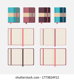 Set of flat design notepads icons with tabs isolated on white background. School notebook, diary for business cover design. Office stationery items. Stock vector illustration