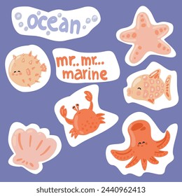 Set of flat design ocean marines animals stickers