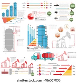 conjunto de diseños planos de desrick de petróleo e información de plataforma de gas suministro de gráficos de producción y almacenamiento de gas
