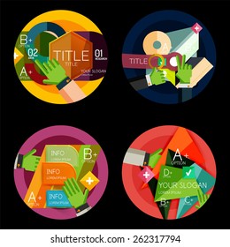 Set of flat design option infographics concept, circle labels with hands