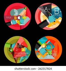 Set of flat design option infographics concept, circle labels with hands