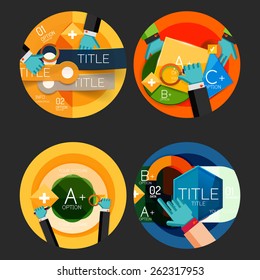 Set of flat design option infographics concept, circle labels with hands