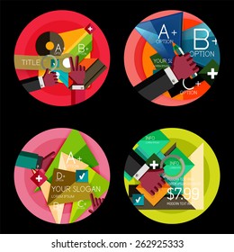 Set of flat design option infographics concept, circle labels with hands