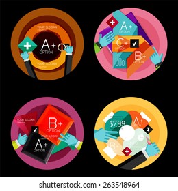 Conjunto de opciones de diseño plano concepto de infografía, etiquetas de círculo con manos
