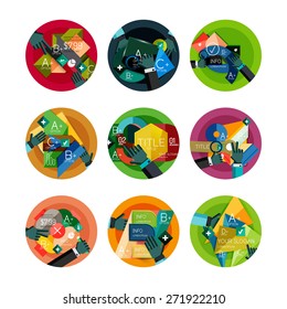 Set of flat design option infographics concept, circle labels with hands