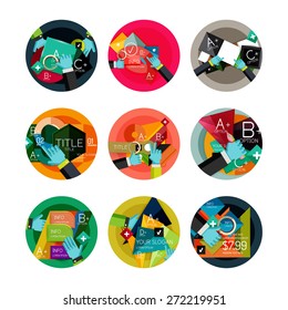 Set of flat design option infographics concept, circle labels with hands