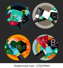 Set of flat design option infographics concept, circle labels with hands