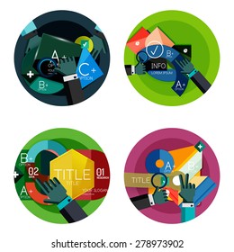 Conjunto de conceito de infográficos de opção de design plano, rótulos de círculo com mãos