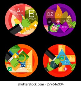 Set of flat design option infographics concept, circle labels with hands