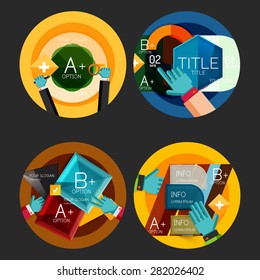 Set of flat design option infographics concept, circle labels with hands
