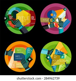 Set of flat design option infographics concept, circle labels with hands