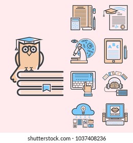 Set of flat design outline icons education tutorials staff training learning research knowledge vector illustration.