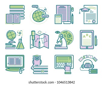 Set of flat design outline icons education tutorials staff training learning research knowledge vector illustration.