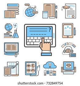 Set of flat design outline icons education tutorials staff training learning research knowledge vector illustration.