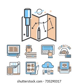 Set of flat design outline icons education tutorials staff training learning research knowledge vector illustration.