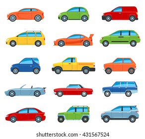 Set Of Flat Design Passenger Car Icons. Isolated Vector Illustration