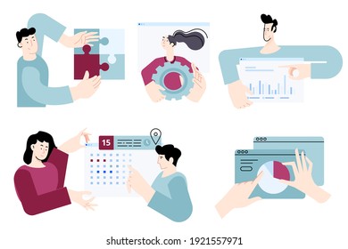 Set of flat design people concepts for business solution, management, analysis and planning, project development. Vector illustrations for graphic and web design, business presentation, marketing.