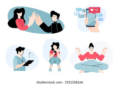 Set of flat design people concepts for communication, social media, daily activities. Vector illustrations for graphic and web design, business presentation, marketing material. 