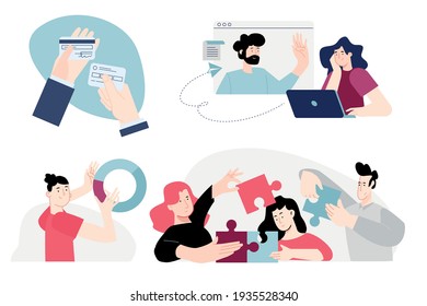 Conjunto de diseño plano para personas conceptos de banca, pago, tarjeta de crédito, soluciones de negocio, trabajo en equipo, análisis, comunicación en línea, llamada a conferencia. Ilustraciones vectoriales para diseño gráfico y web.