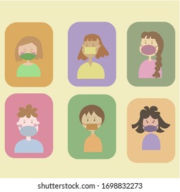 Set of flat design people wear surgical mask on colourful background .