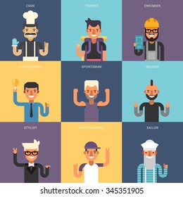 Set of Flat Design Professional People Characters. Male Characters  Set. Cook, Tourist, Engineer, Businessman, Sportsman, Rocker, Stylist, Skateboarder, Sailor