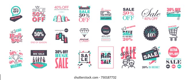 Set of Flat Design Sale Stickers Templates. 
Trendy style for product promotions, 
website and mobile website badges, ads, prints.
Design for Sale, Clearance, on-line shopping for fashion.  Vector