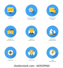 Set of Flat Design SEO Icons. Growth, Search Engine Optimization, Responsive Design, Strategic Management, Email Marketing, Website Optimization, Time Management, Targeting, Local SEO. Vector Icons