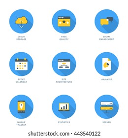 Set of Flat Design SEO Icons With Long Shadow. Cloud Storage, Social Engagement, Page Quality, Event Calendar, Site Architecture, Analysis, Mobile Tracker, Statistics, Server. Vector Icons