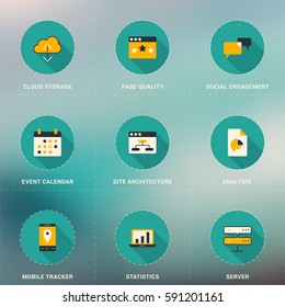 Set of Flat Design SEO Icons With Long Shadow. Cloud Storage, Social Engagement, Calendar, Server, Statistics, Site Architecture