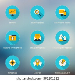 Set of Flat Design SEO Icons with Long Shadow. Growth, Search Engine Optimization, Responsive Design, Strategic Management, Email Marketing
