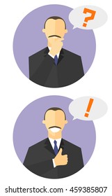 Set of flat design signs. Uncertainty and confidence emotions. Man in suit with big up symbol and exclamation mark. Advertising icons. Isolated vector illustrations for articles, advertising design.
