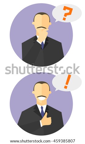 Set of flat design signs. Uncertainty and confidence emotions. Man in suit with big up symbol and exclamation mark. Advertising icons. Isolated vector illustrations for articles, advertising design.