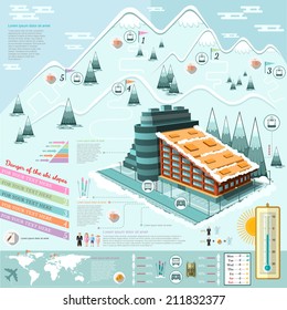 Set Of Flat Design Ski Resort Infographics With Hotel Transportation And Roots