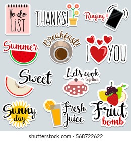 Set of flat design social network stickers for food, summer, sunny days. Vector illustrations for online communication, networking, chat, social media, web design, mobile message, promo material.