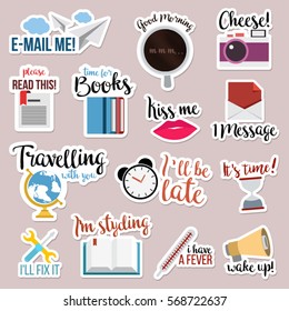 Set of flat design social network stickers with notes. Vector illustrations for online communication, networking, social media, chat, web design, mobile message, marketing material.