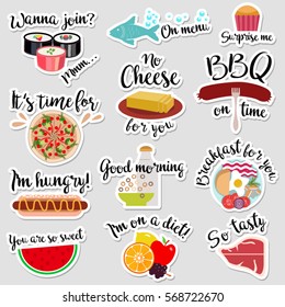 Set of flat design social network stickers for food with notes. Vector illustrations for online communication, networking, social media, chat, web design, mobile message, marketing material.