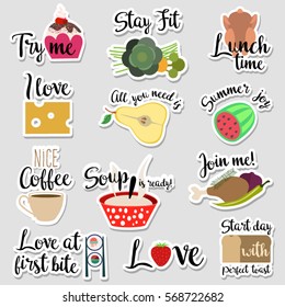 Set of flat design social network stickers for food with notes. Vector illustrations for online communication, chat, networking, social media, web design, mobile message, promo material.