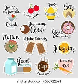 Set of flat design social network stickers for food with notes. Vector illustrations for online communication, networking, social media, chat, web design, mobile message, marketing material.