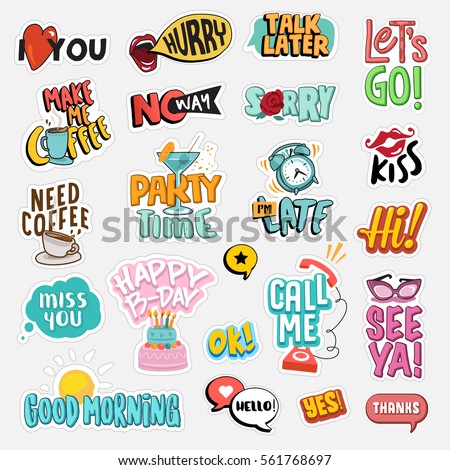 Set of flat design social network stickers. Isolated vector illustrations for online communication, networking, social media, web design, mobile message, chat,  marketing material.