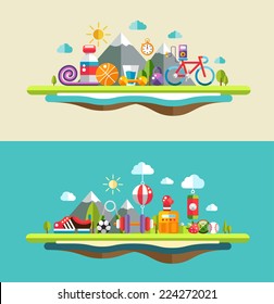 Set of flat design sport, fitness and healthy lifestyle vector compositions