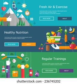 Set of flat design sport, fitness and healthy lifestyle vector compositions