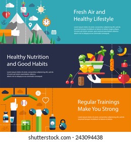 Set of flat design sport, fitness and healthy lifestyle vector compositions