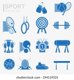 set of flat design sport icon with isolated blue silhouette sport inventory and sports equipment