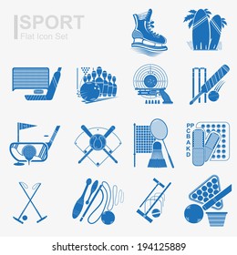 set of flat design sport icon with isolated blue silhouette sport inventory and sports equipment