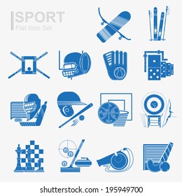 set of flat design sport icon with isolated blue silhouette sport inventory and sports equipment