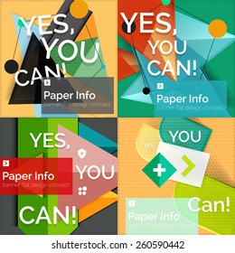 Set of flat design square banners with slogan - abstract geometric elements with text