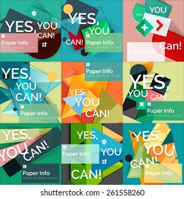 Conjunto de banners cuadrados de diseño plano con eslogan - elementos geométricos abstractos con texto