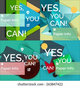 Set of flat design square banners with slogan - abstract geometric elements with text